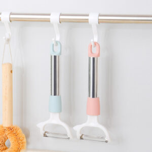 Multi-functional peeling knife scraper household kitchen long handle creative potato Shaver fruit and vegetable peeling tool Color: Pink
